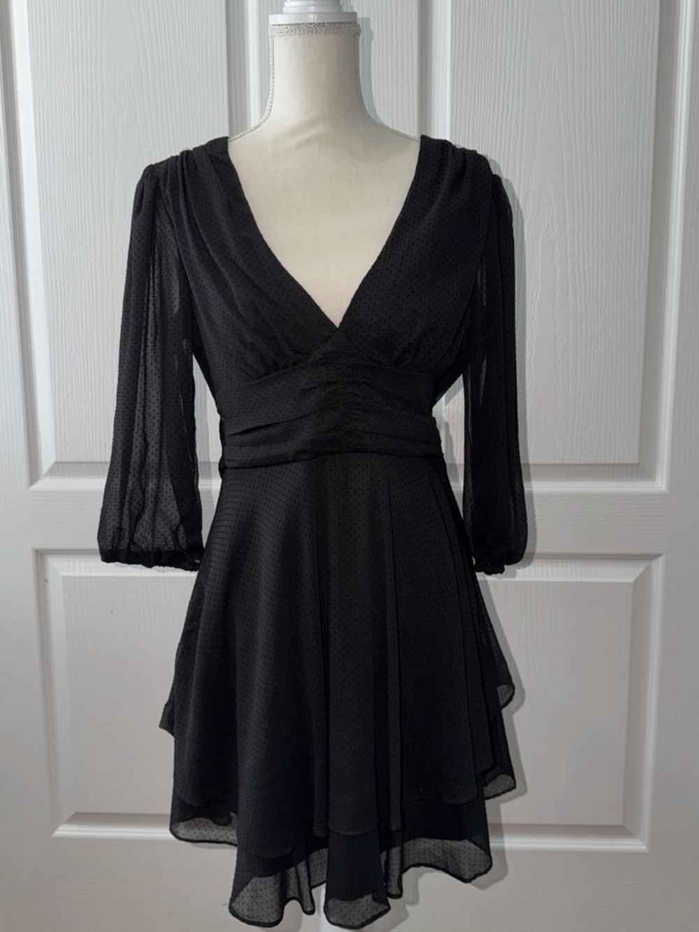 B Darlin Black V-Neck Long Sleeve Chiffon Fit-and-Flare Dress